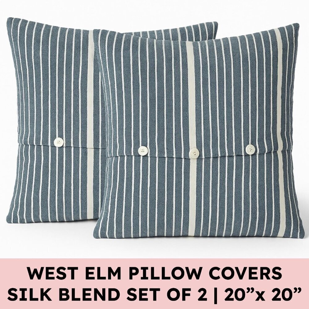 West Elm Silk Blend Striped Pillow Covers Button Front Set of 2 19x19 Navy - Picture 2 of 13